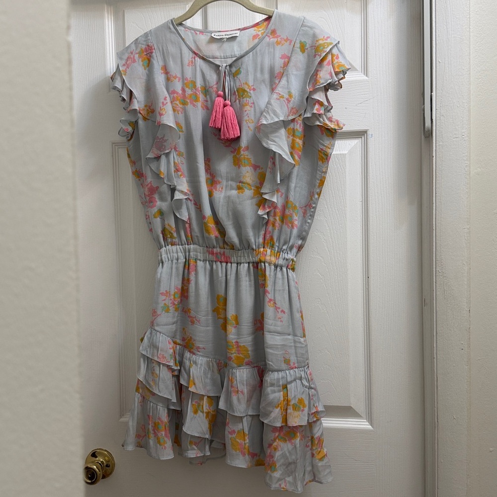 Karina Grimaldi Light Blue Floral Ruffle Romper with Pink & Yellow Accents